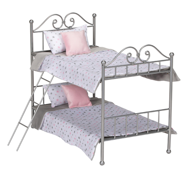 thumbnail video image 2 of Badger Basket Scrollwork Metal Bunk Bed with Ladder, Bedding for 18 inch Dolls - Silver/Pink, 2 of 8