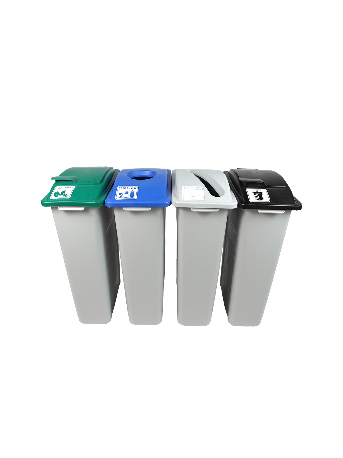 WASTE WATCHER – Quad – Kit – Cans & Bottles-Paper-Organics-Waste – Circle-Slot-Solid Lift-Solid Lift – Grey-Blue-Grey-Green-Black