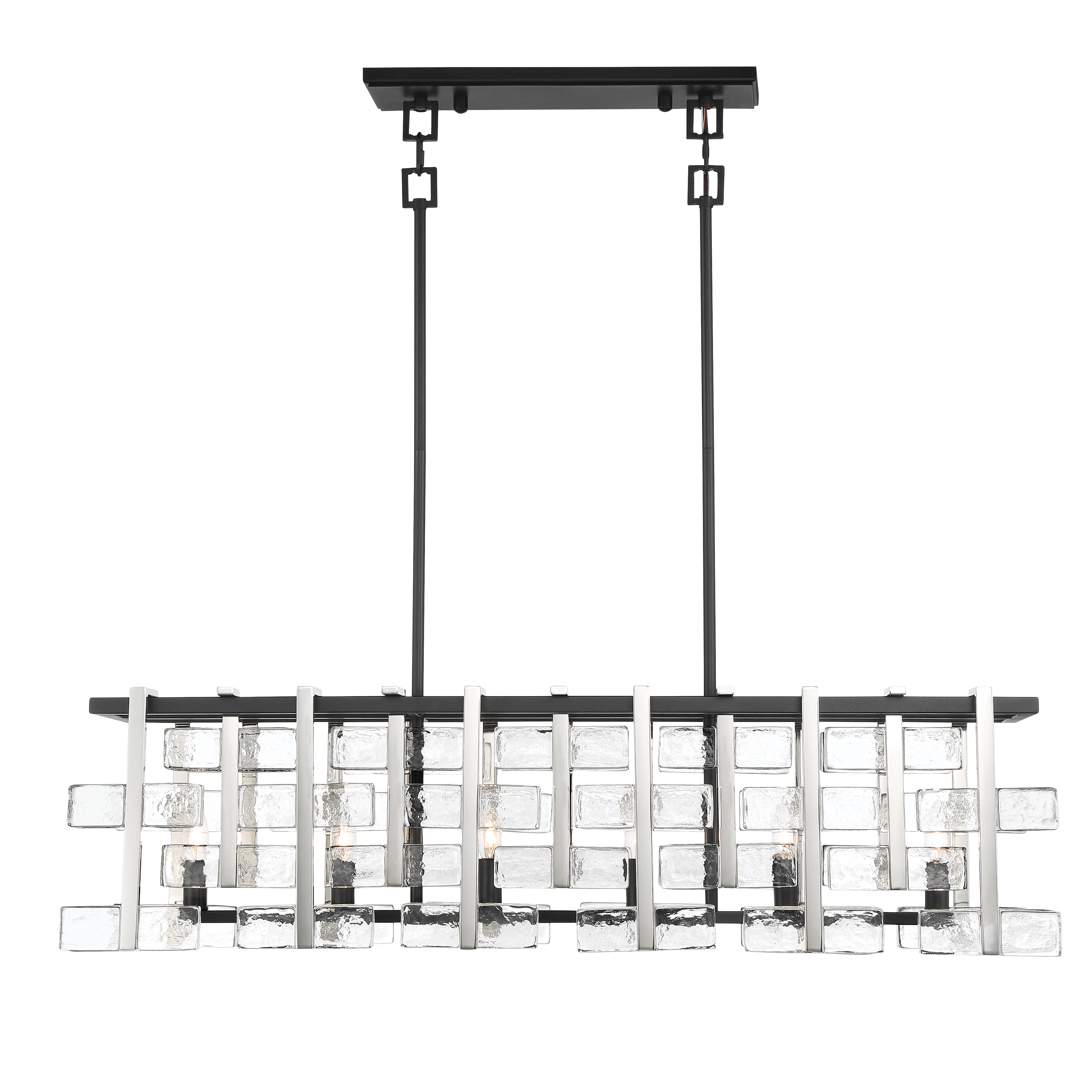 The Painesdale combines industrial charm with modern sophistication through its striking two-tone finish and linear design. Six candelabra bulbs provide ample illumination while clear glass shades showcase vintage-style bulbs beautifully. - alternate view