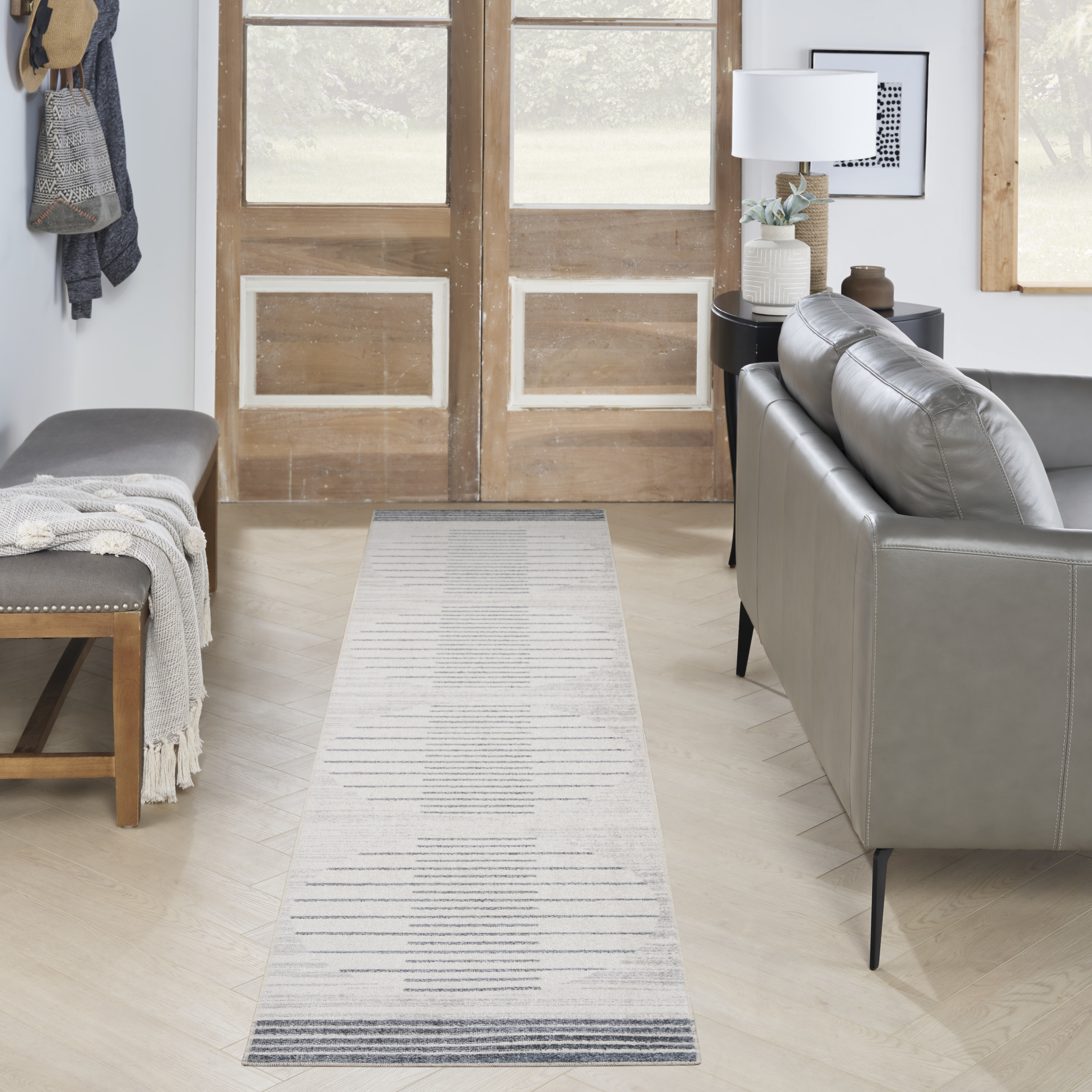 Nourison Astra Machine Washable 2'2" x 12' Ivory Blue Mid-Century Modern Indoor Rug