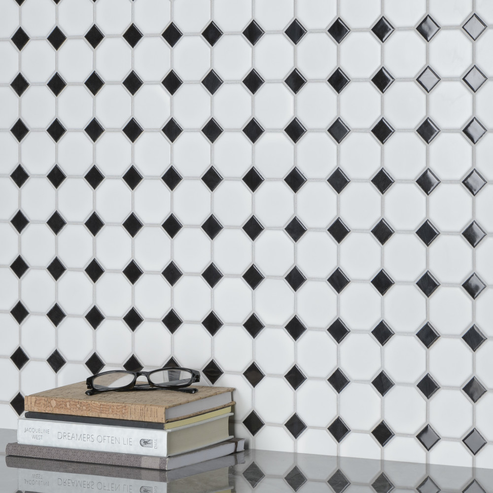 Metro Octagon Matte White w/ Black Dot 11.5x11.5 Octagon Porcelain Floor and Wall Digital Pattern