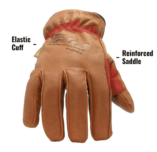 Fleece Lined ANSI A3 Cut Resistant Buffalo Leather Driver Winter Work Glove with Rib Knit Cuff in Russet Brown TKLDC3 showing Rib Knit Cuff and Reinforced Saddle