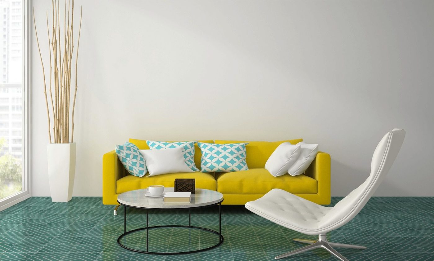 a green tiled living room with a yellow sofa and a white coffee table.