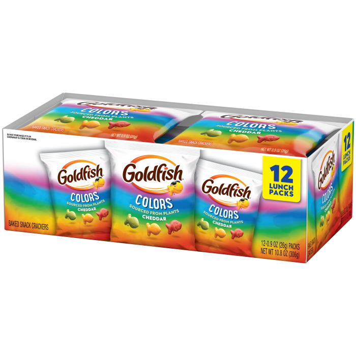 Goldfish® Colors Cheddar Crackers, 12 count box, 0.9 oz, bag - Right Angle Image