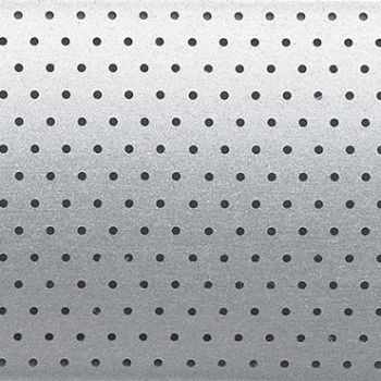 Perforated aluminum panel with evenly spaced round holes in a regular grid; serving as a vent or acoustic grille; shown under soft, diffuse lighting producing a subtle top-to-bottom gradient.