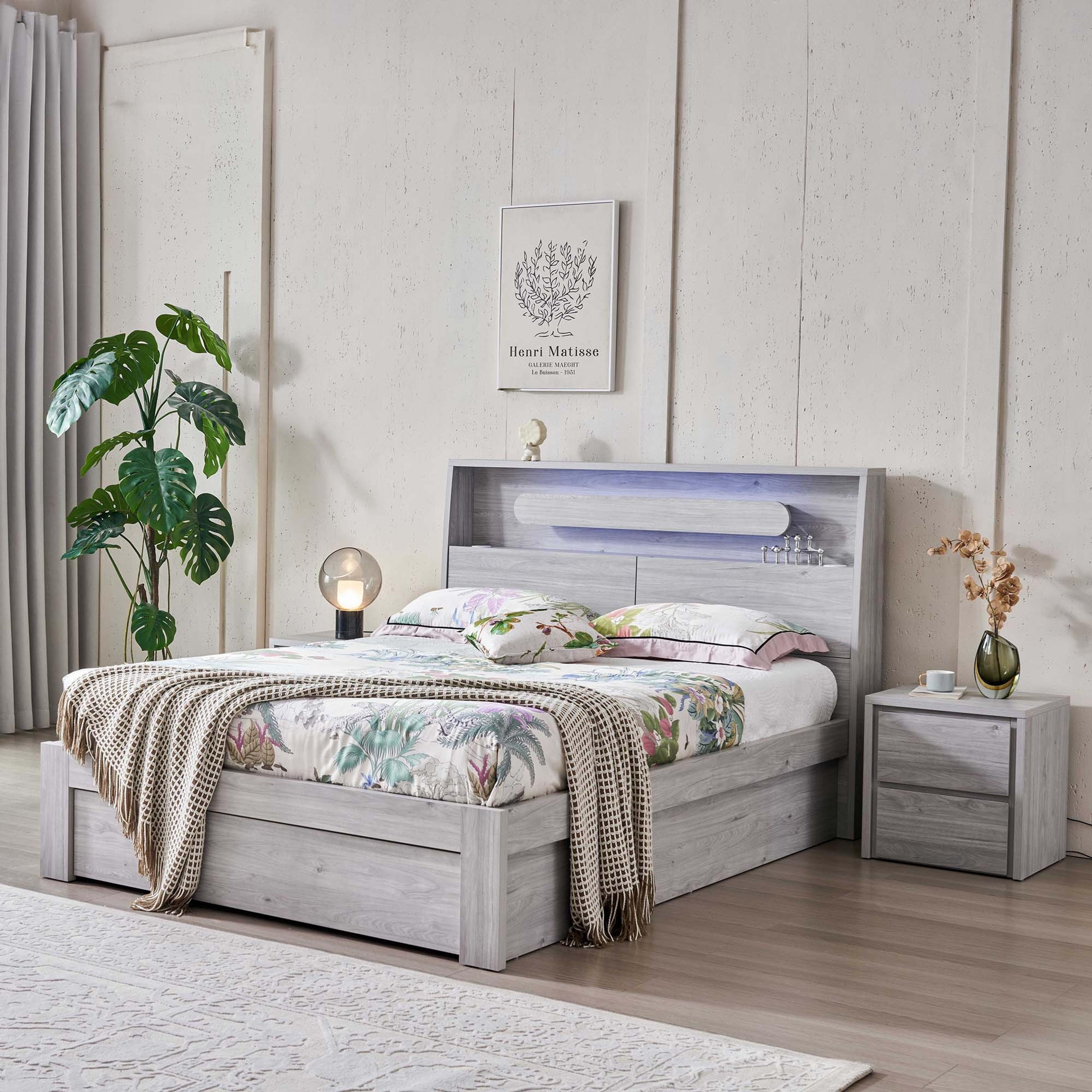 Lifestyle image of the  Nova Bed Frame, Front Slat Gas Lift Base, Stone Oak from Forty Winks