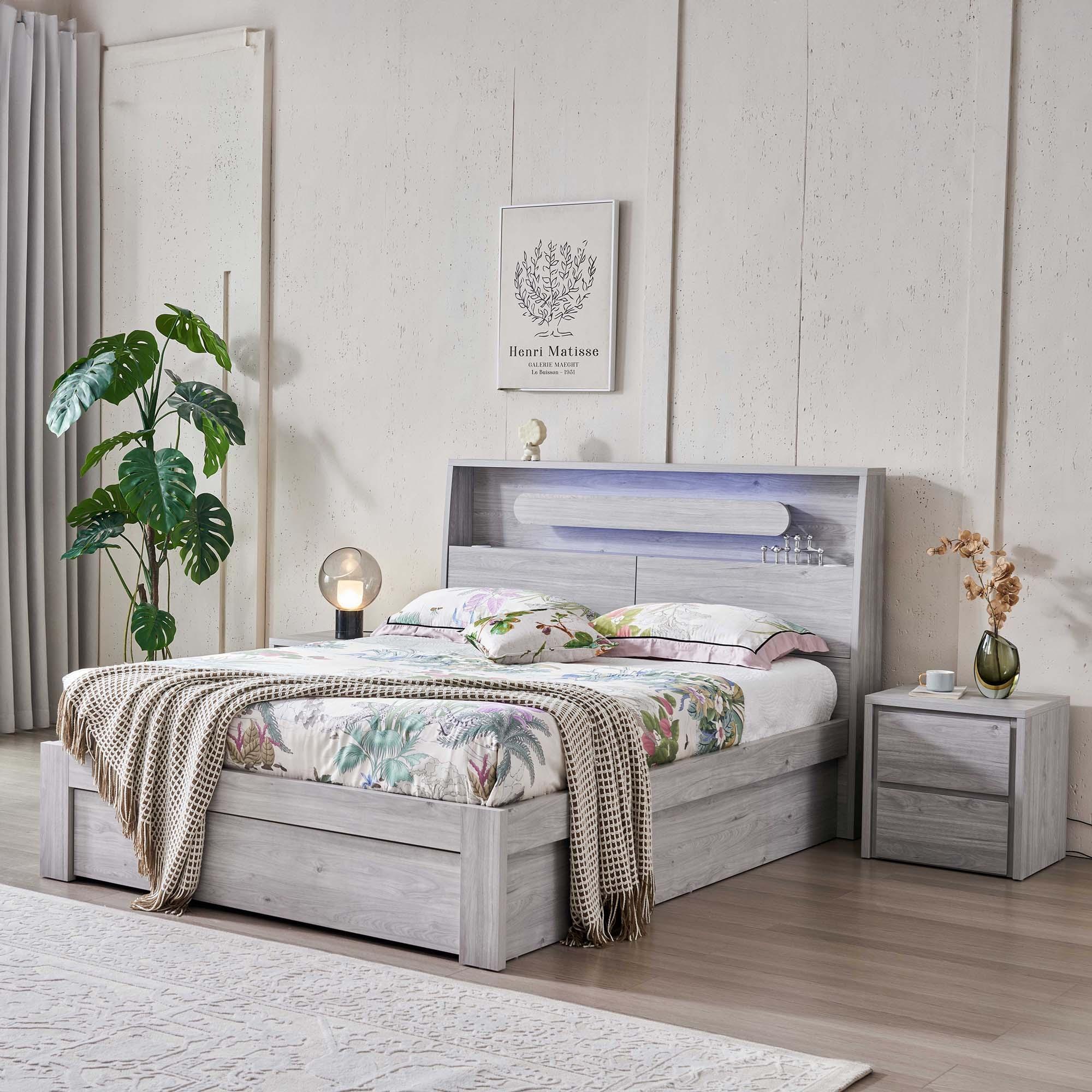 Lifestyle image of the  Nova Bed Frame, Front Slat Gas Lift Base, Stone Oak from Forty Winks