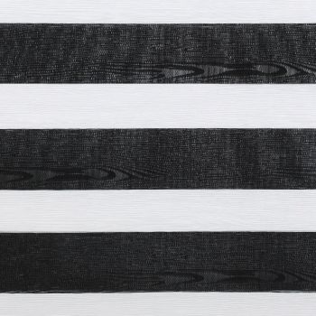 Horizontal zebra roller blind with alternating wide black wood-grain textured and white translucent bands; bands partially filter light, shown in a close-up indoor view with neutral, even lighting.