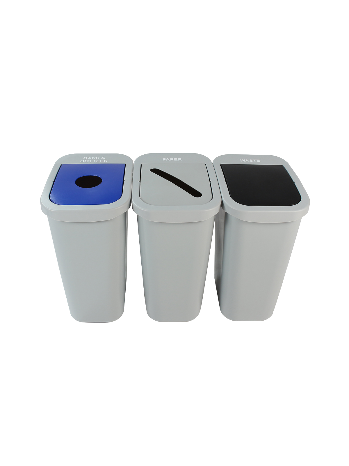 BILLI BOX – Triple – Kit – 10 G – Cans & Bottles-Paper-Waste – Circle-Slot-Swing – Grey-Blue-Grey-Black