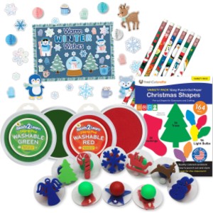 Christmas Craft Party Kit, Winter Decorations, Stampers, Stamp Pads, Pencils & Paper Cutouts