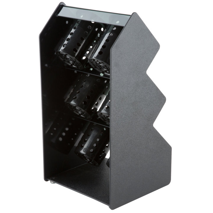 Six-compartment vertical countertop flatware organizer with removable black perforated cylinders