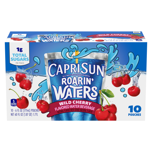 Capri Sun Roarin' Waters Wild Cherry Waterfall Naturally Flavored Water Beverage, 10 ct Box, 6 fl oz Drink Pouches Image