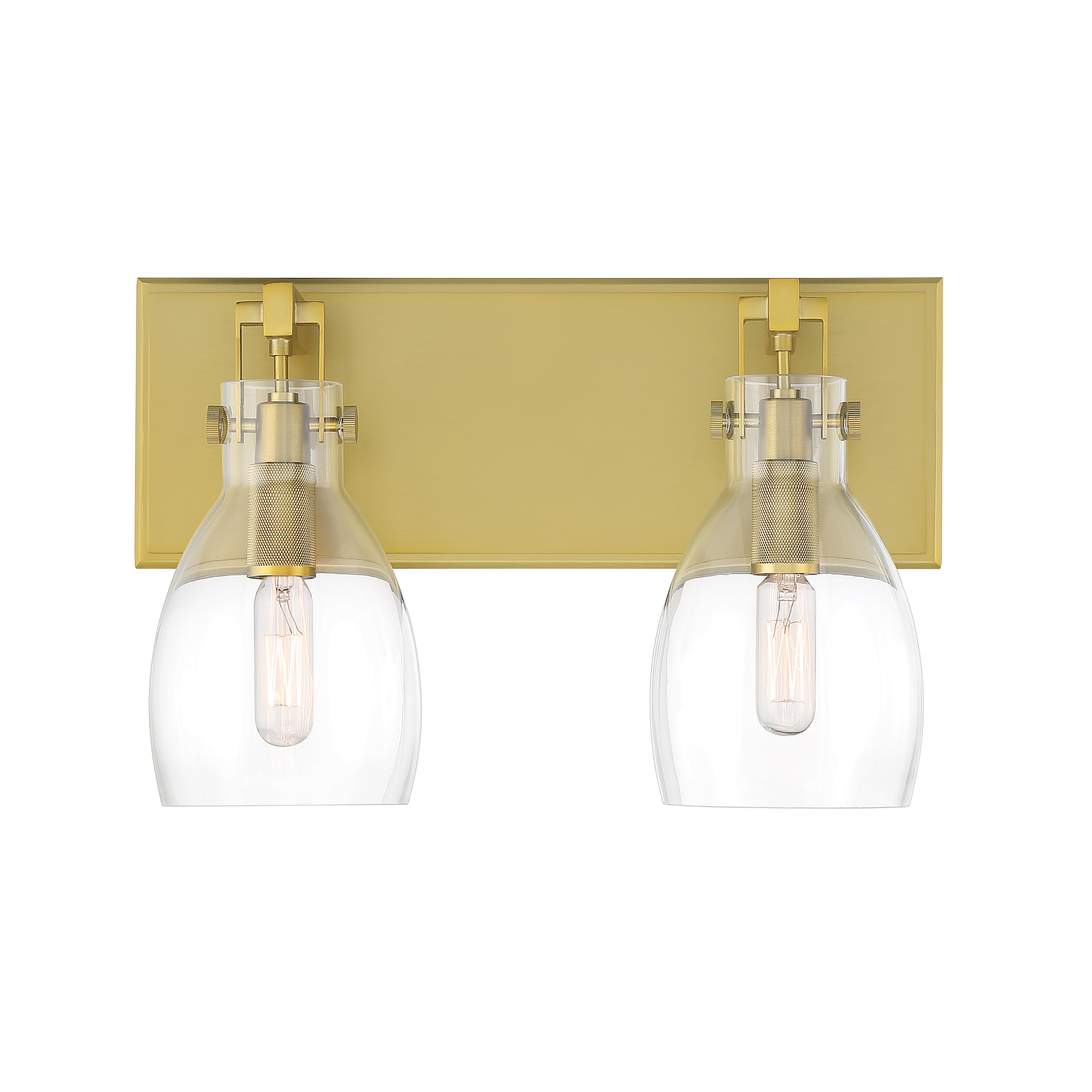 The Tiberia 2-Light Bath combines warm soft brass finish with classic clear glass shades for a sophisticated vanity lighting solution. Compact 13.75" width fits most bathroom spaces while providing ample illumination. - alternate view