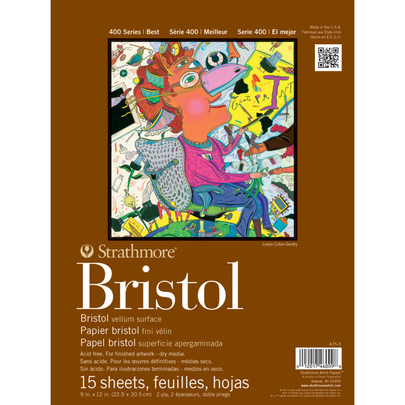 400 Series Bristol Paper Pad, Vellum Finish, 2-Ply, Tape Binding, 15 Sheet, 9x12 inch, 1 Count