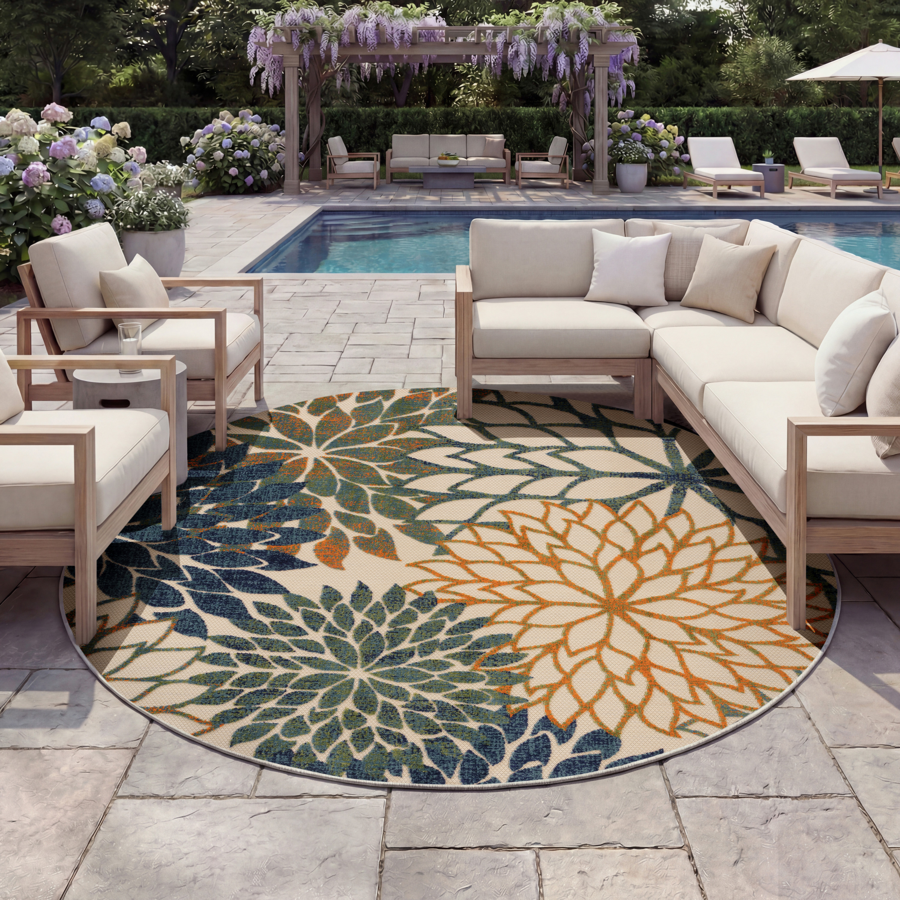 Nourison Aloha 7'10" x Round Blue Green Tropical Rug