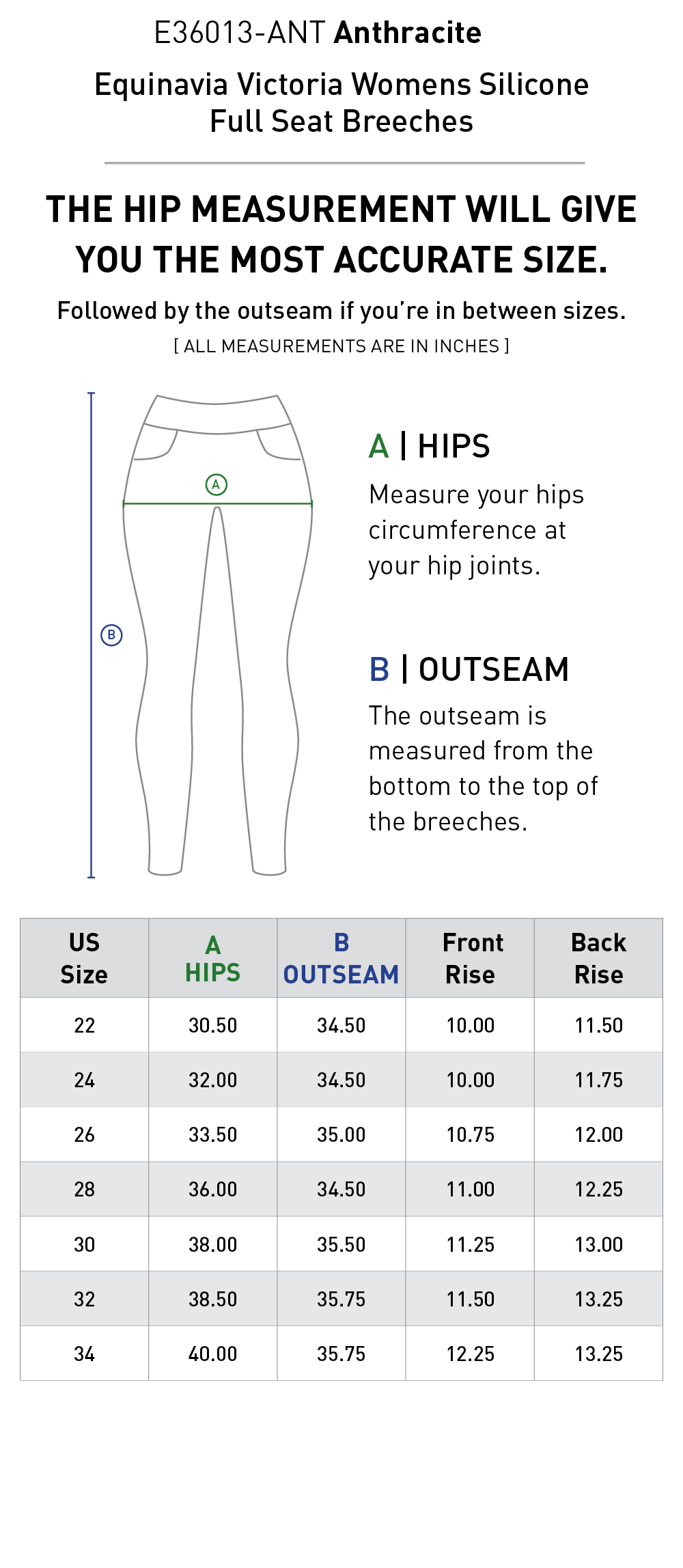 Size chart for Equinavia Victoria Womens Silicone Full Seat Breeches - Anthracite