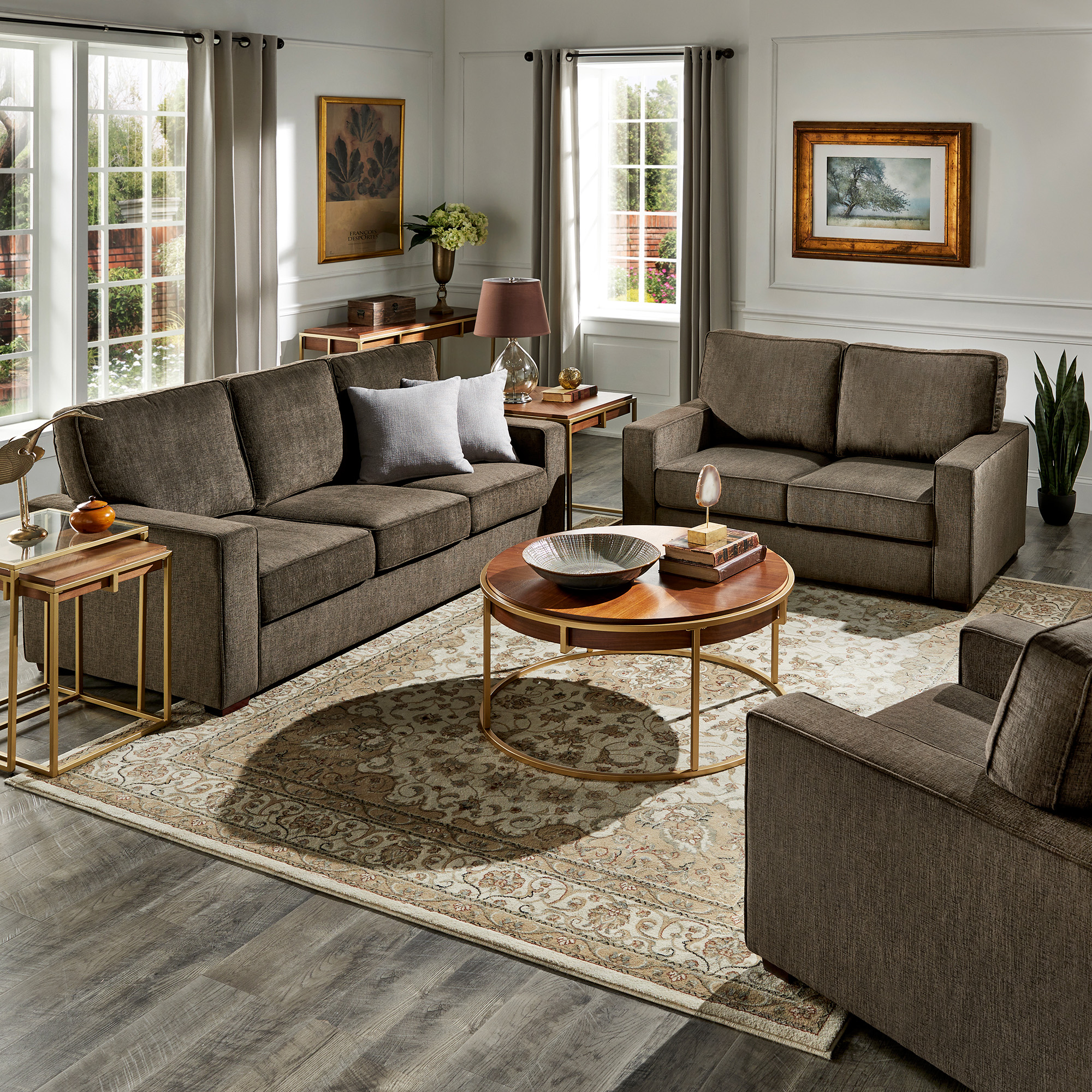 Modern Fabric Upholstered Square Arm Sofa Set