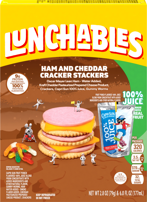 Lunchables Ham & Cheddar Stackers Capri Sun Fruit Punch 100% Juice Drink & Gummy Worms, 2.8 oz Box