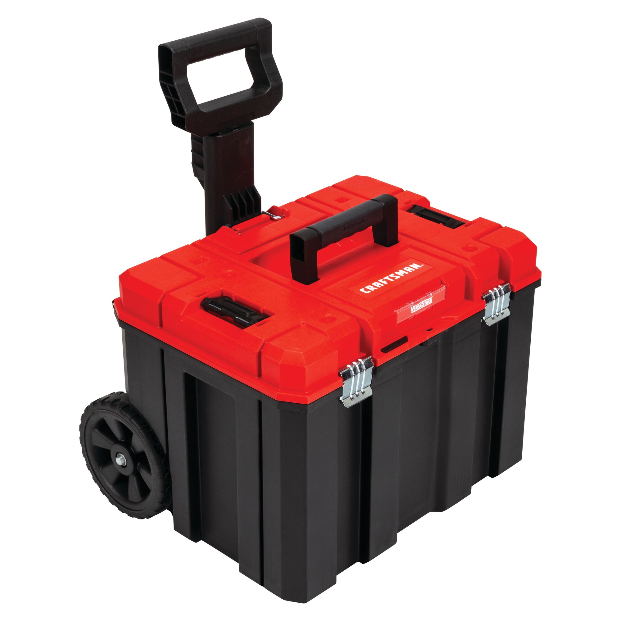 Left profile of Versastack system 20 inch red plastic wheeled lockable tool box.