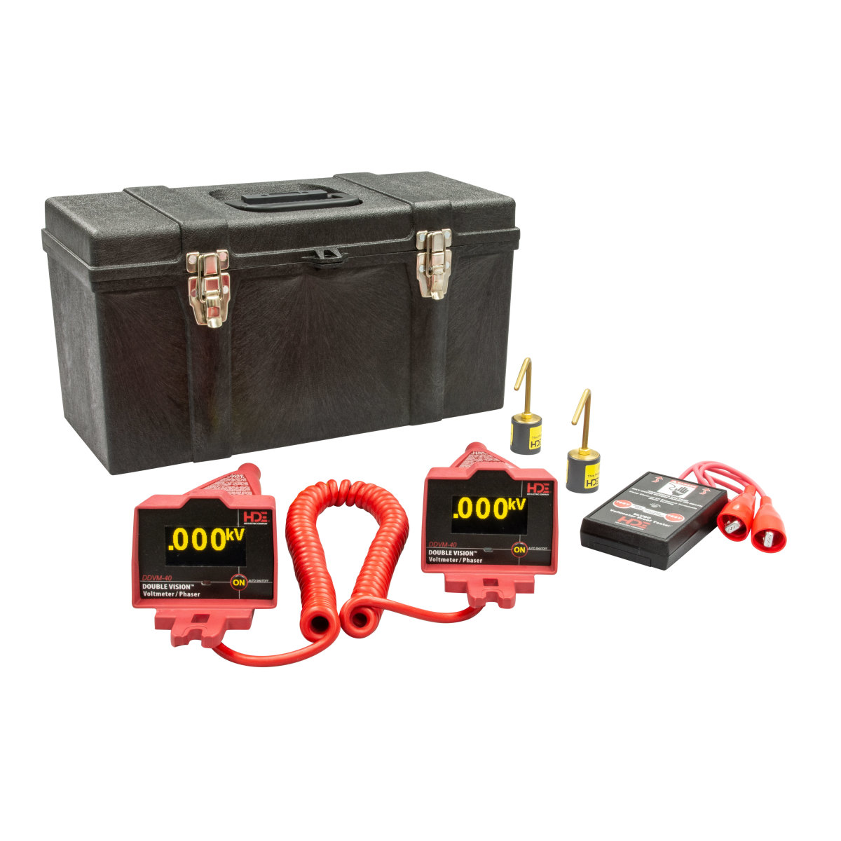 Voltmeter/Phasing set 5V-40kV, OH kit 1. Measures voltage and performs phasing operations from 5V to 40kV. Two large displays are synchronized with the same voltage reading shown.  Versatile for overhead and underground applications. Capacitive Test Point and Peak Hold modes. Tests for leakage current in cable fault test mode with available accessory