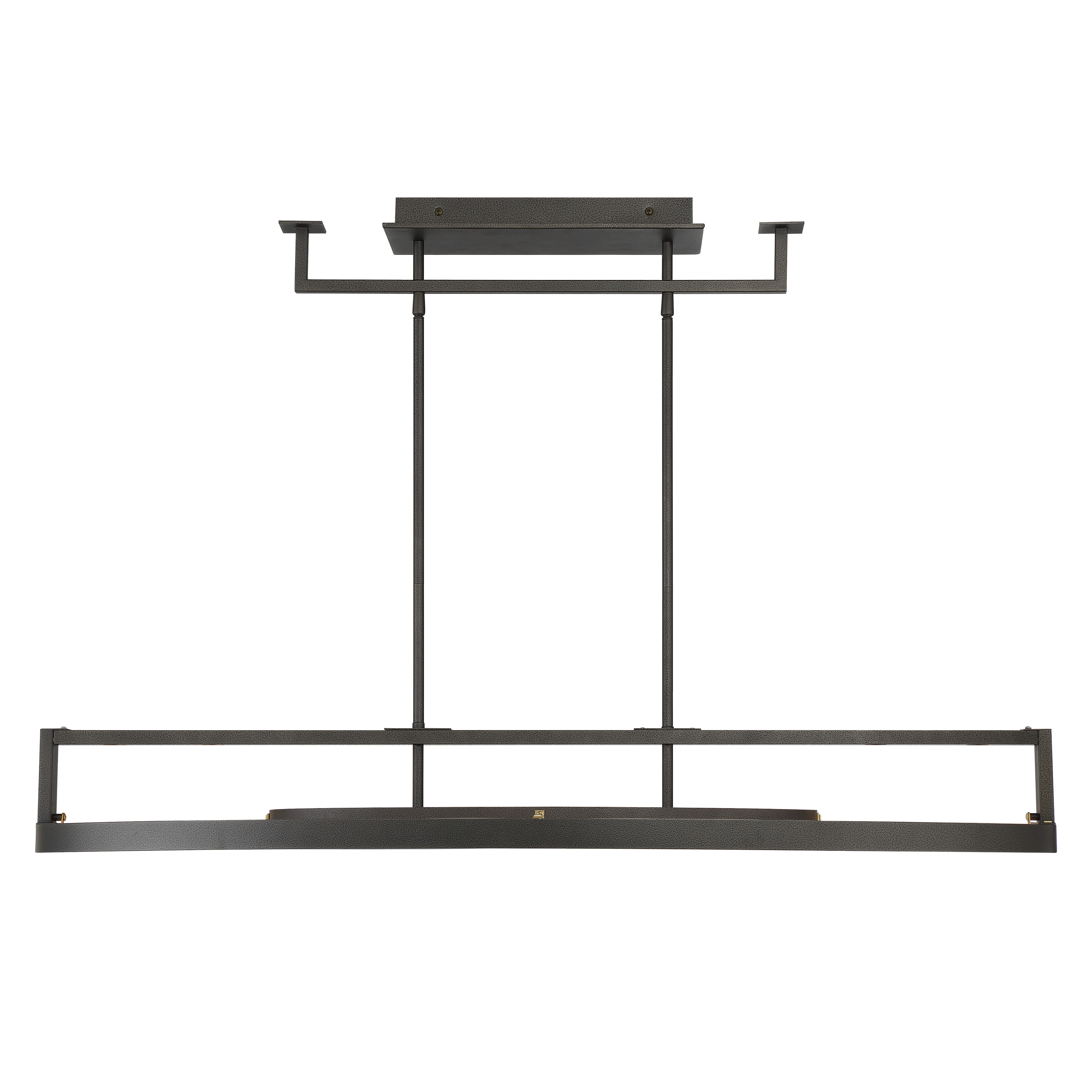 The Tribeca by Robin Baron brings contemporary elegance with its striking 44-inch linear design. Smoked iron and soft brass finishes create visual interest while etched white glass provides warm, diffused LED illumination perfect for kitchen islands. - alternate view