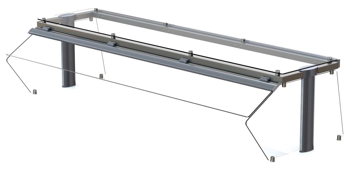 87-inch-wide Single-Sided Low Profile Hinged Glass Buffet Breath Guards with Top Shelf 6-Well/Pan