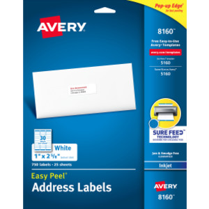 Easy Peel&reg; Address Labels, Sure Feed&trade; Technology, Permanent Adhesive, 1" x 2-5/8", 750 Labels