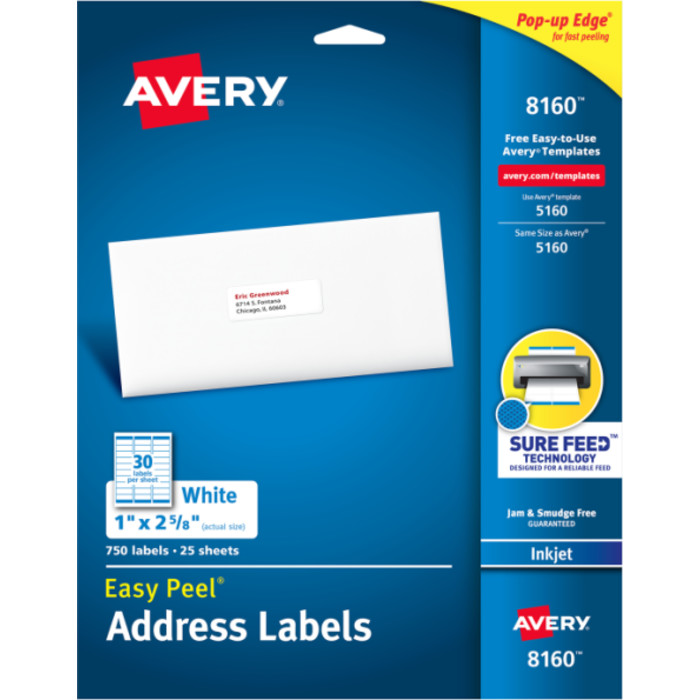 Easy Peel&reg; Address Labels, Sure Feed&trade; Technology, Permanent Adhesive, 1" x 2-5/8", 750 Labels