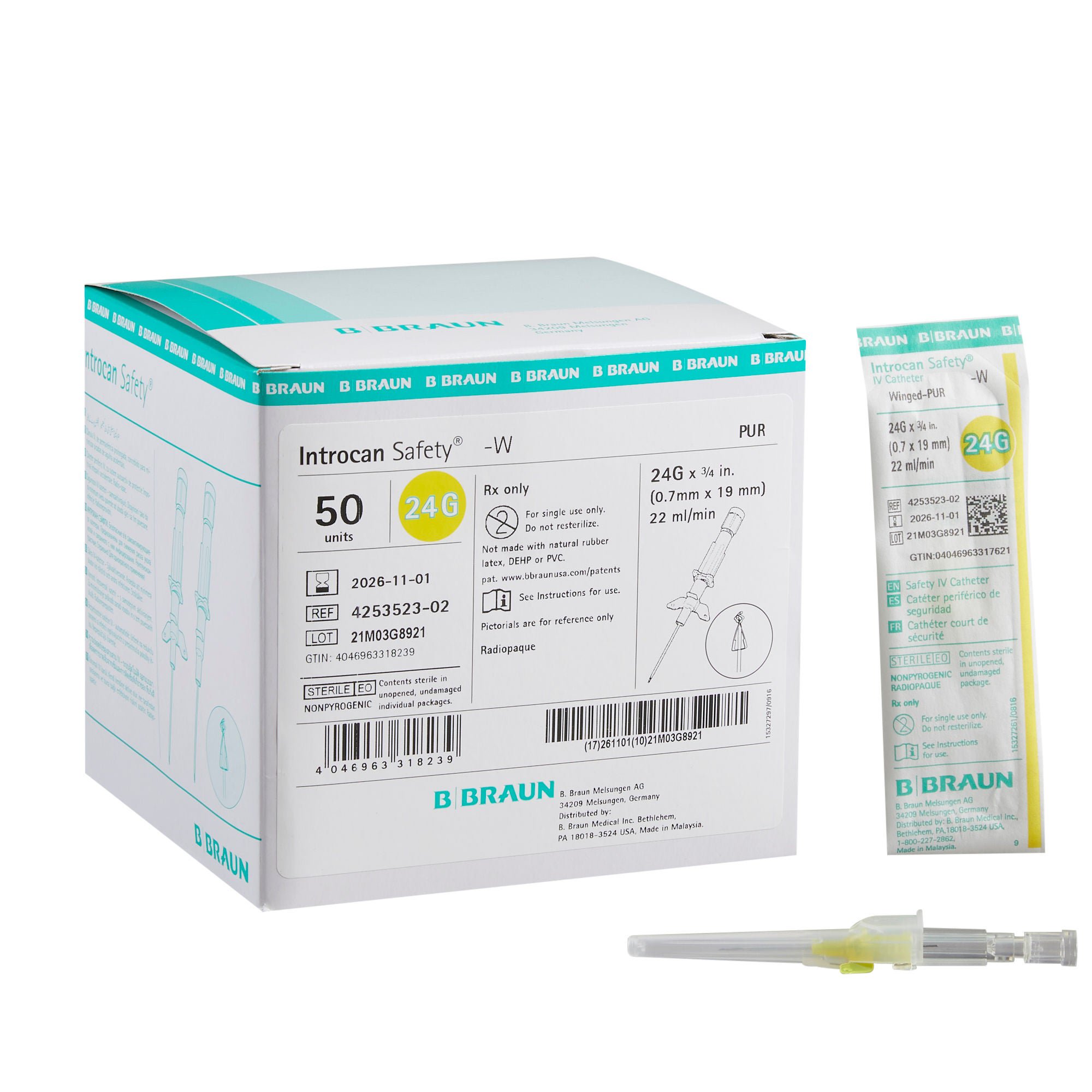 Introcan Safety® Peripheral IV Catheter, 24 Gauge, Winged