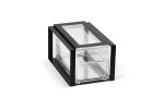 Cubic modular display bin with three ⅓-size drawers and black frame
