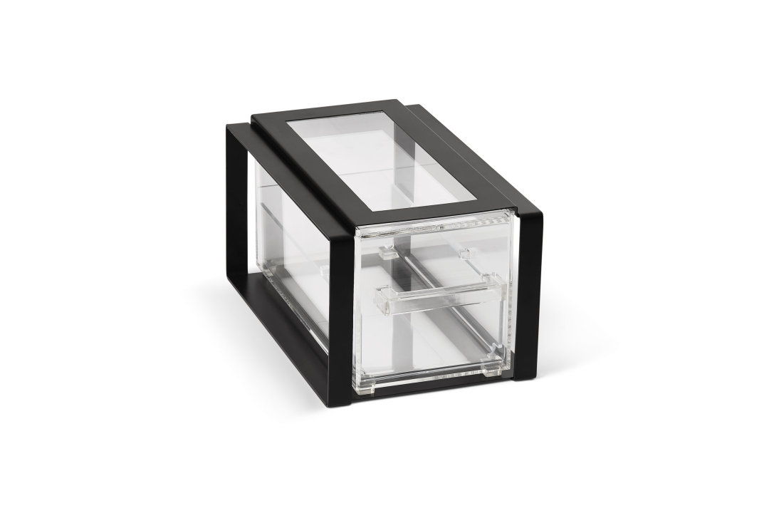 Cubic modular display bin with ⅓-size drawer and black frame