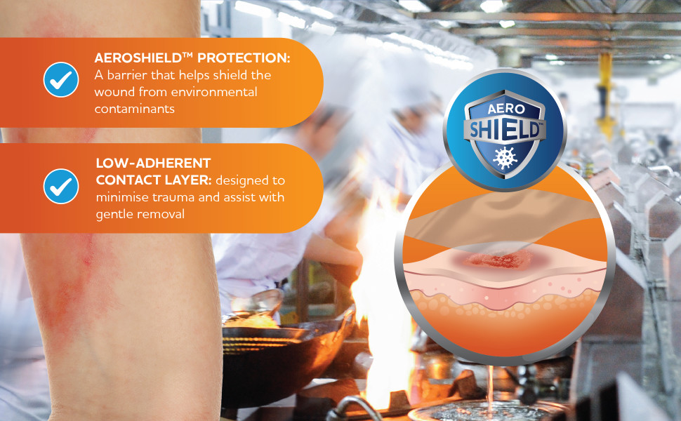 AeroShield™ protection: A barrier that helps shield the wound from environmental contaminants
Low-adherentcontact layer: designed to minimise trauma and assist with gentle removal