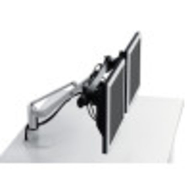 LiftTEC® I Dual lifts 2 monitors off the desk surface for comfortable side-by-side viewing