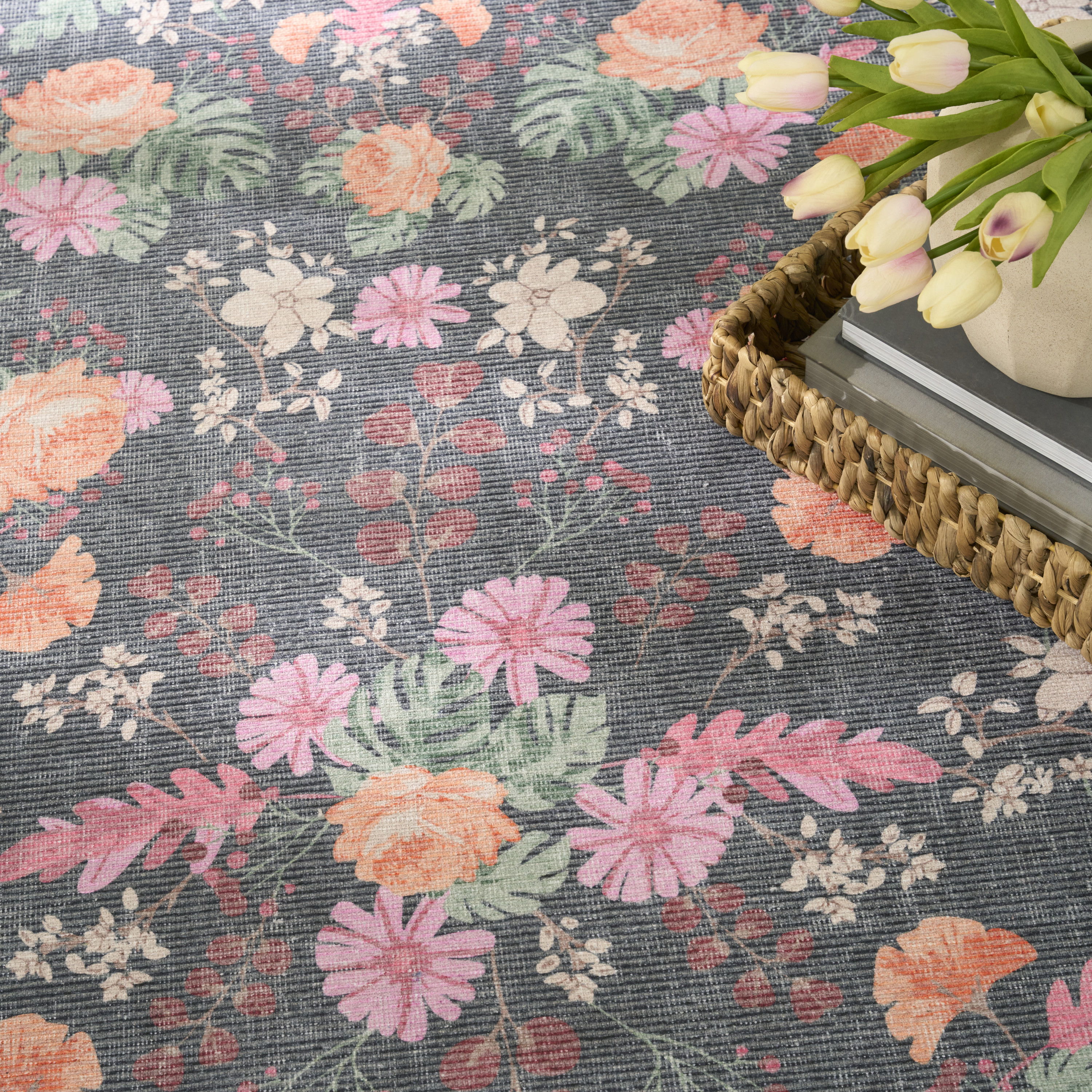 Nourison Botanical Washables 4' x 6' Charcoal Multicolor Farmhouse Indoor Rug