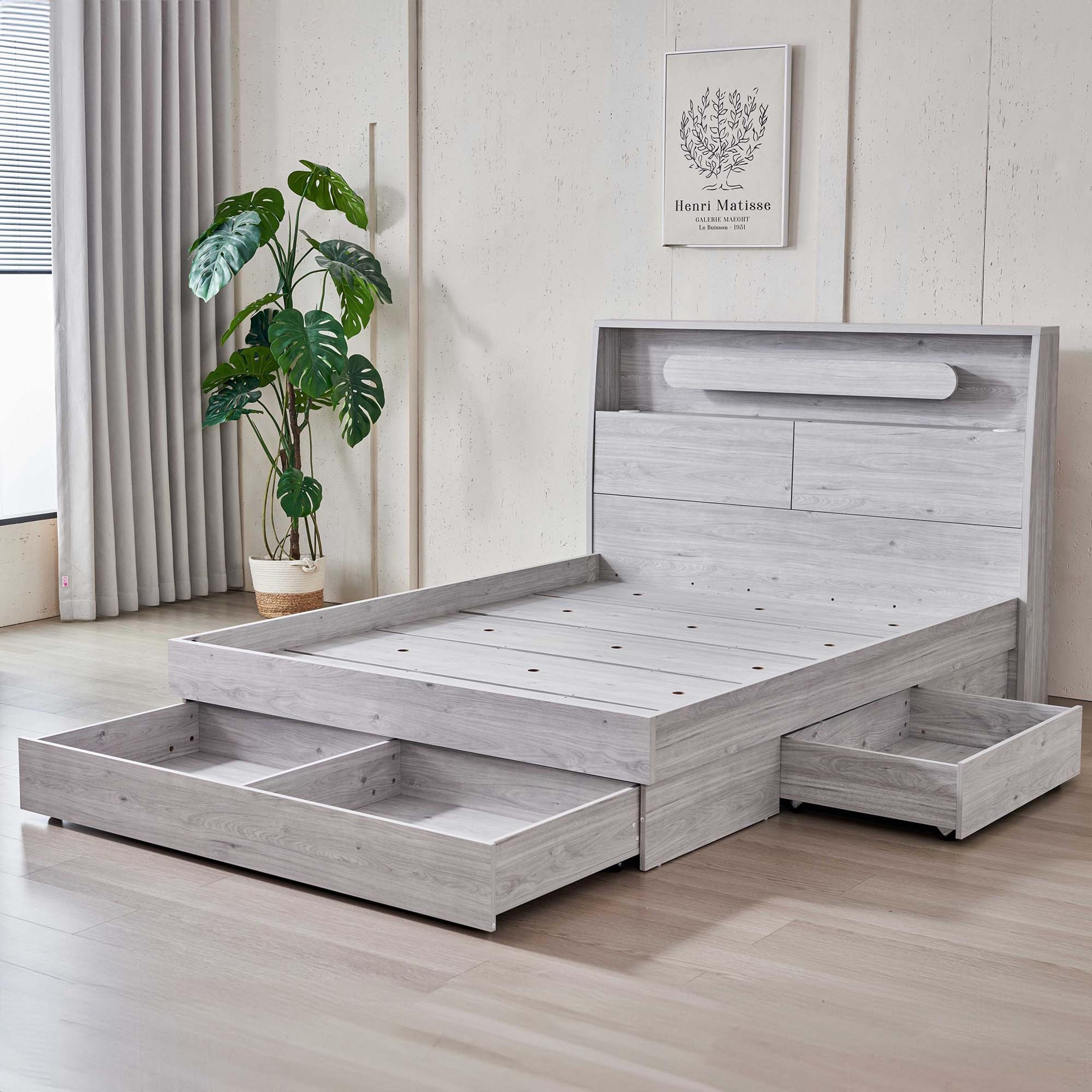 Lifestyle image of the  Nova Bed Frame, 3 Drawer Base, Stone Oak from Forty Winks
