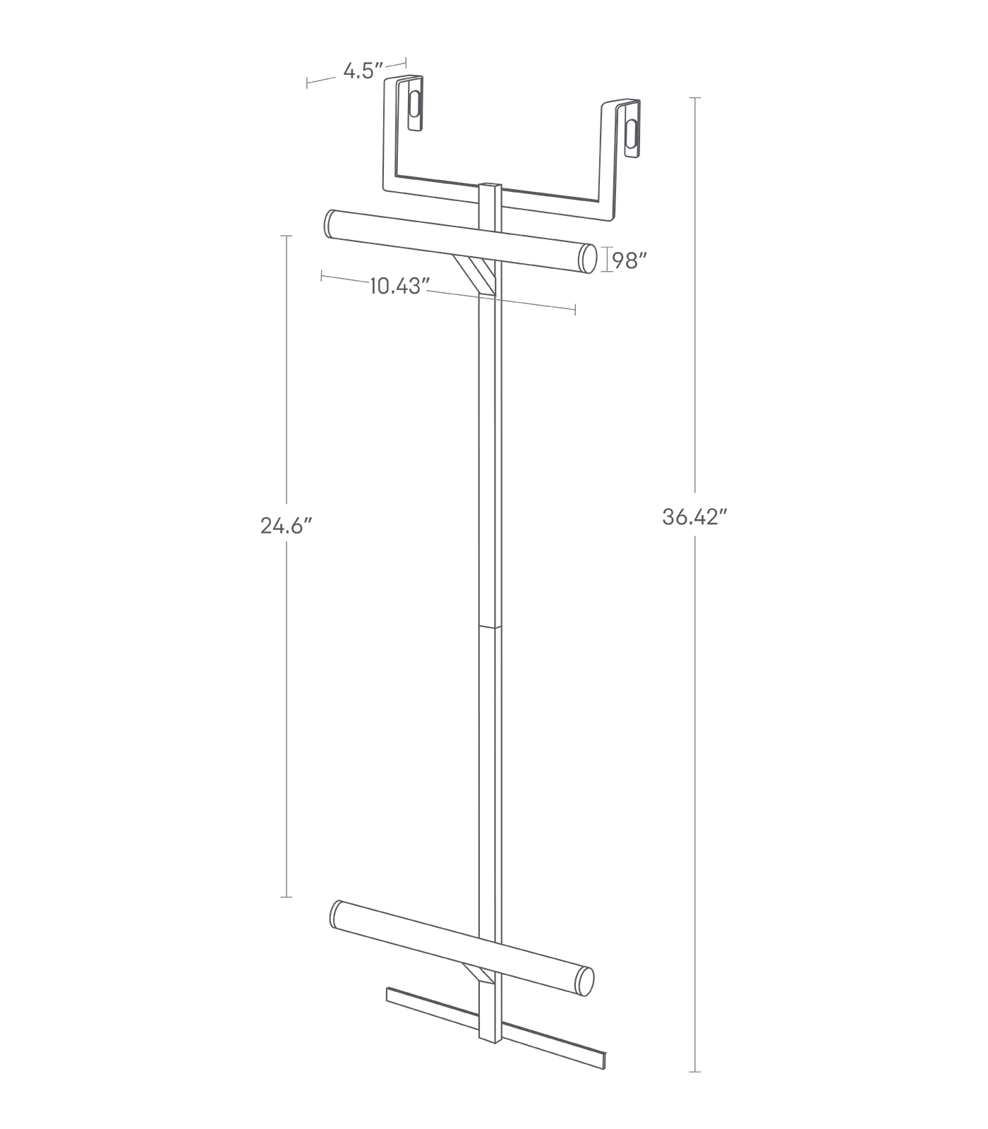 Image dimensionnelle pour cintre de sac à dos sur porte sur fond blanc avec une hauteur totale de 36,42