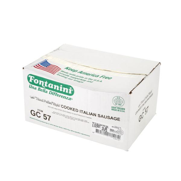 FONTANINI(r) Garlic Italian Sausage Topping, Cooked, Chunk, 3-5 per oz, 3/5 lb . C1RA - Front Right Closed Case (Hi Res)