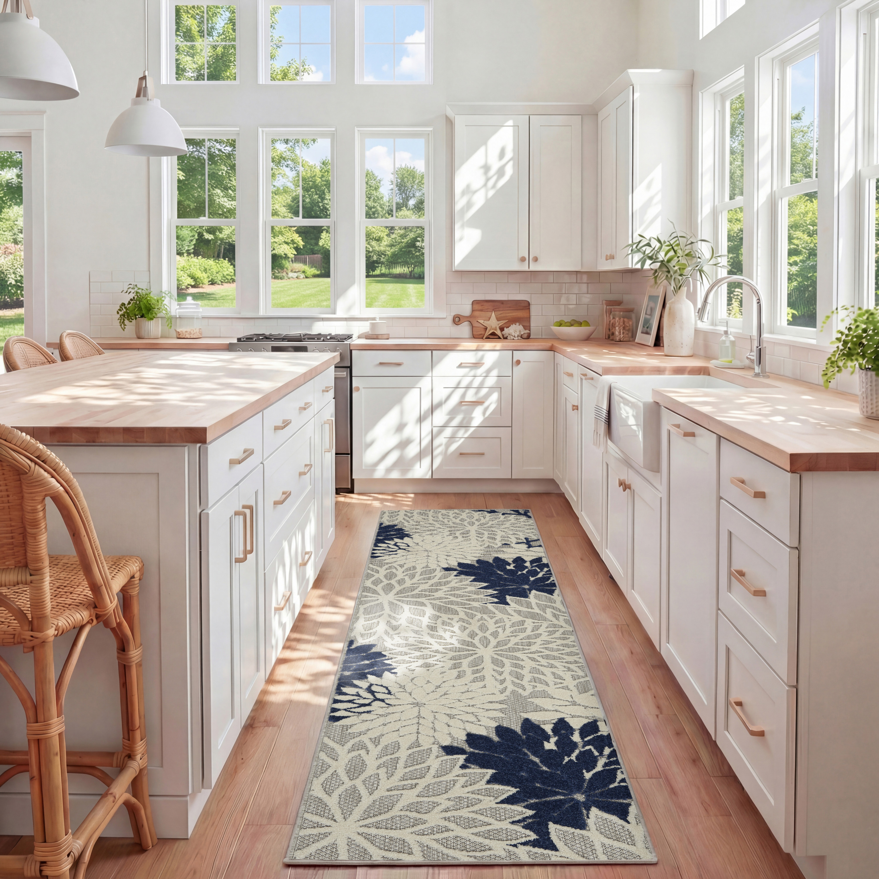 Nourison Aloha 2'3" x 10' Ivory Navy Tropical Rug