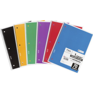 Spiral Notebook, College Ruled, 7.5" x 10.5" 70 Sheets, 1 Subject