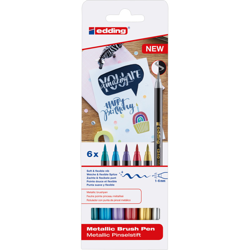1340 Series Metallic Brush Pens, Assorted Colors, Set of 6