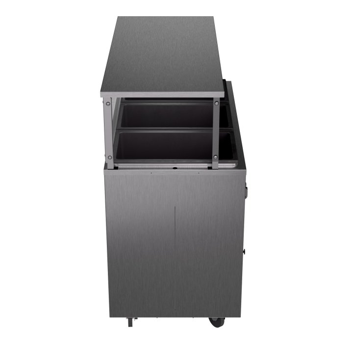 46-inch 120-volt three-well 2-Series deluxe hot-food station with black solid base and cafeteria-style breath guard