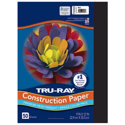 Tru-Ray Premium Heavyweight Construction Paper, Black, 9"x 12", 50 Sheets