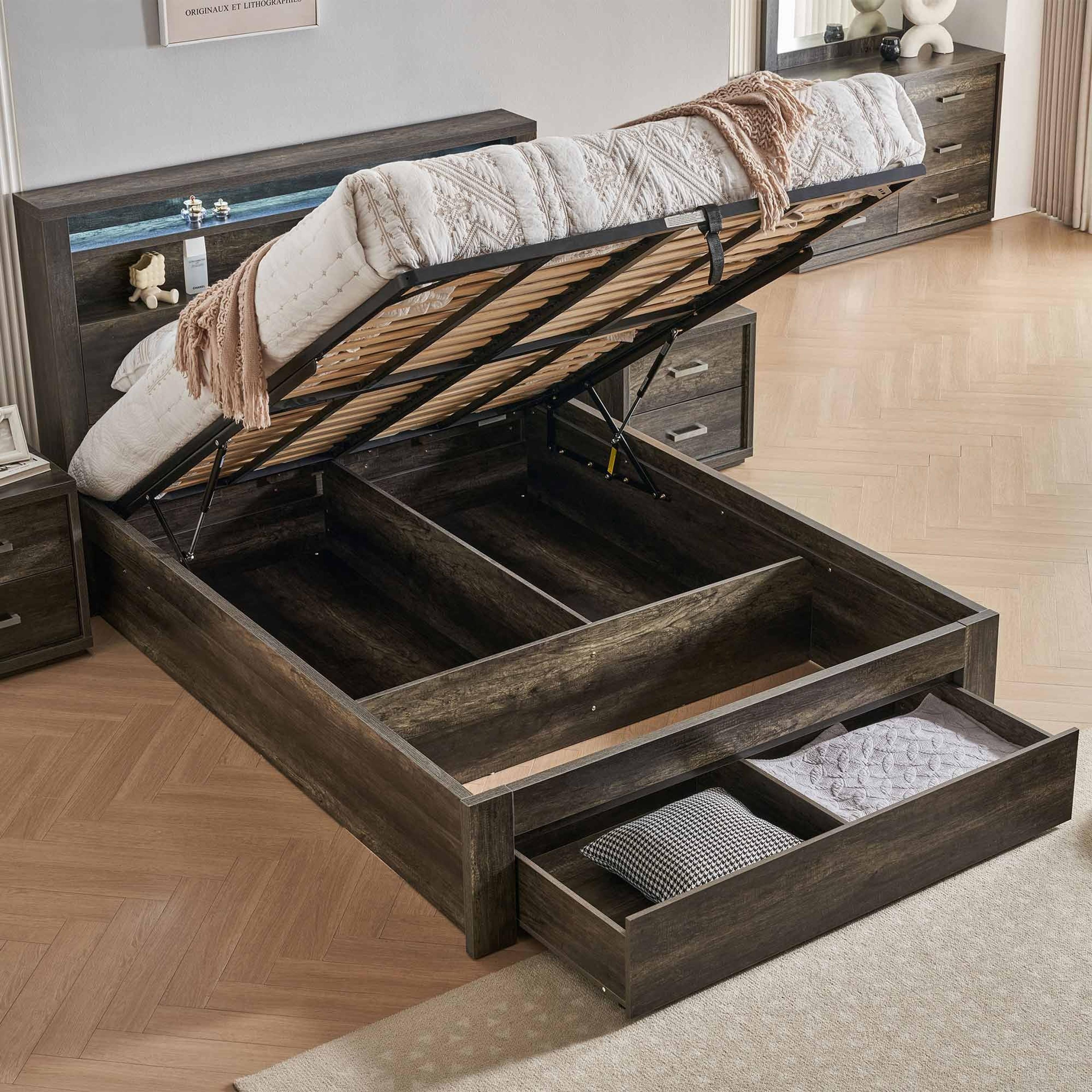 Lifestyle image of the  Bellevue Bed Frame, Front Slat Gas Lift & End Drawer Base, Charcoal from Forty Winks