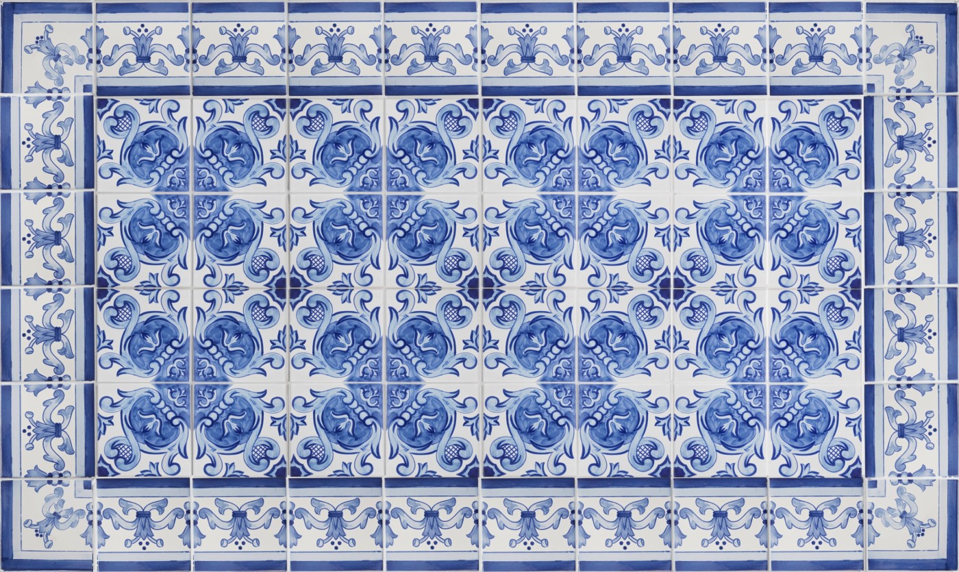 blue and white tiles with ornate designs.