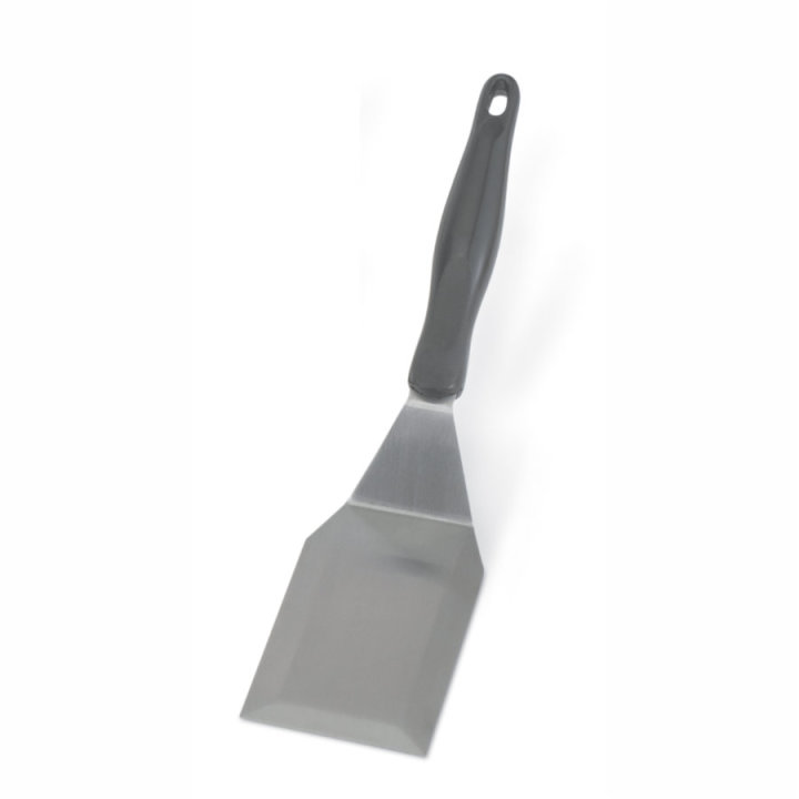 Heavy-duty stainless steel hamburger turner with beveled edges and nylon Ergo Grip™ handle in black