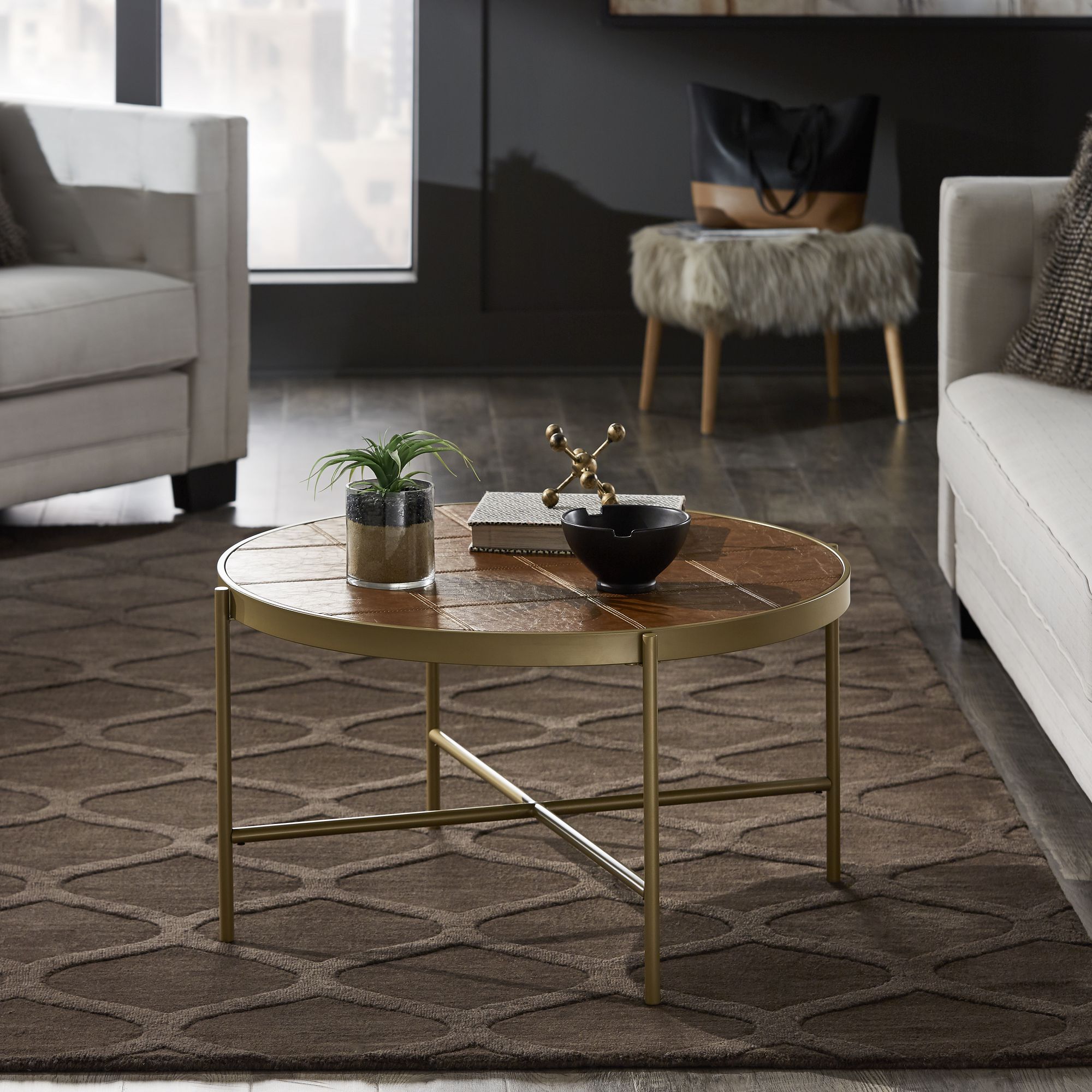 Gold Finish Metal and Brown Faux Leather Coffee Table