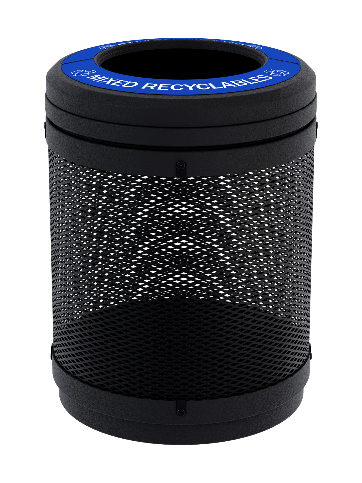 metal mesh body recycling container with black plastic lid and base for visible collection and security shown with stock mixed recyclables labels