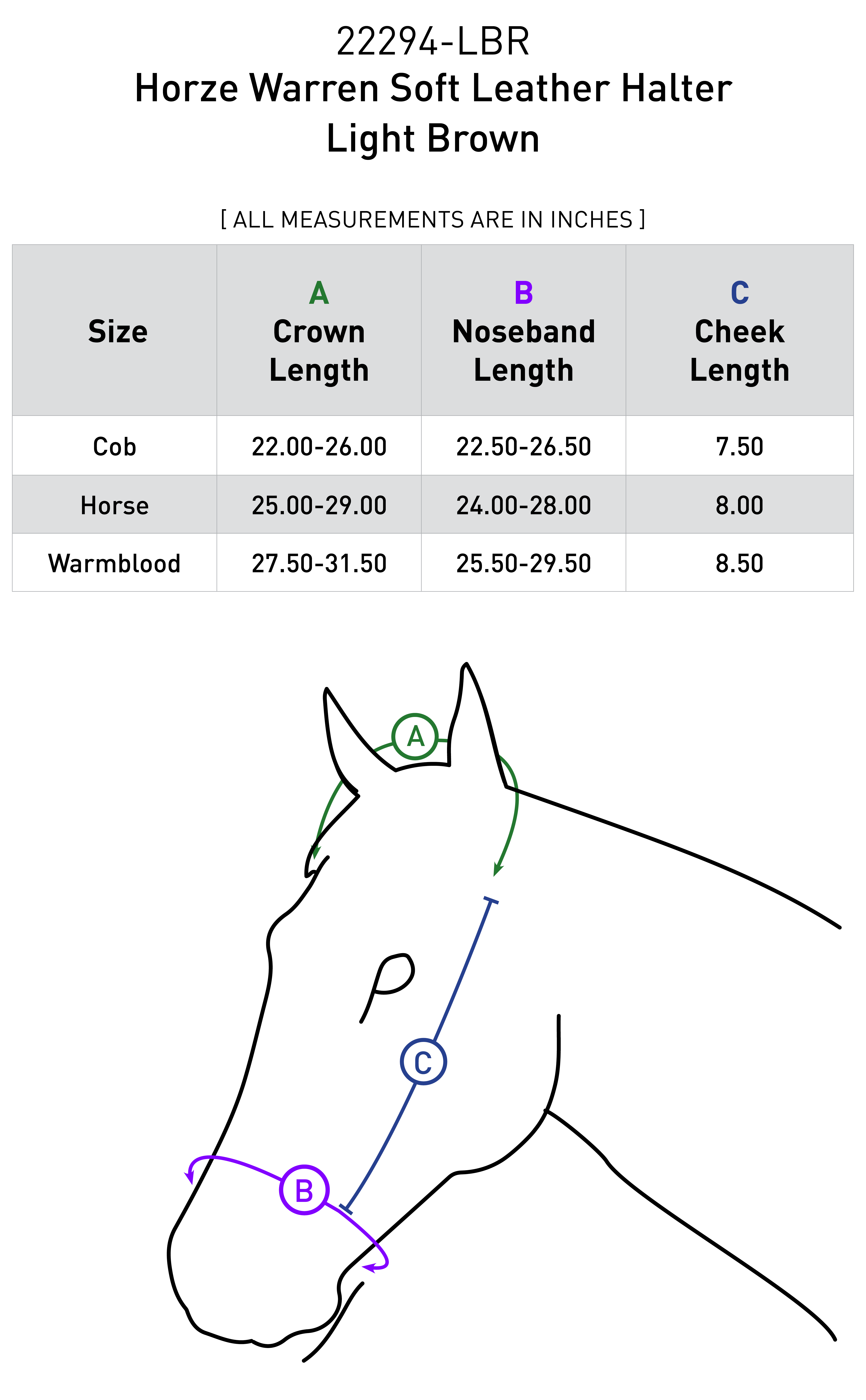 Size chart for Horze Warren Soft Leather Halter - Light Brown