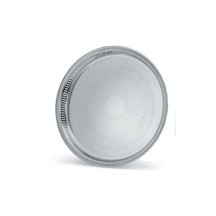 15 ¼-inch Elegant Reflections round stainless steel gallery tray