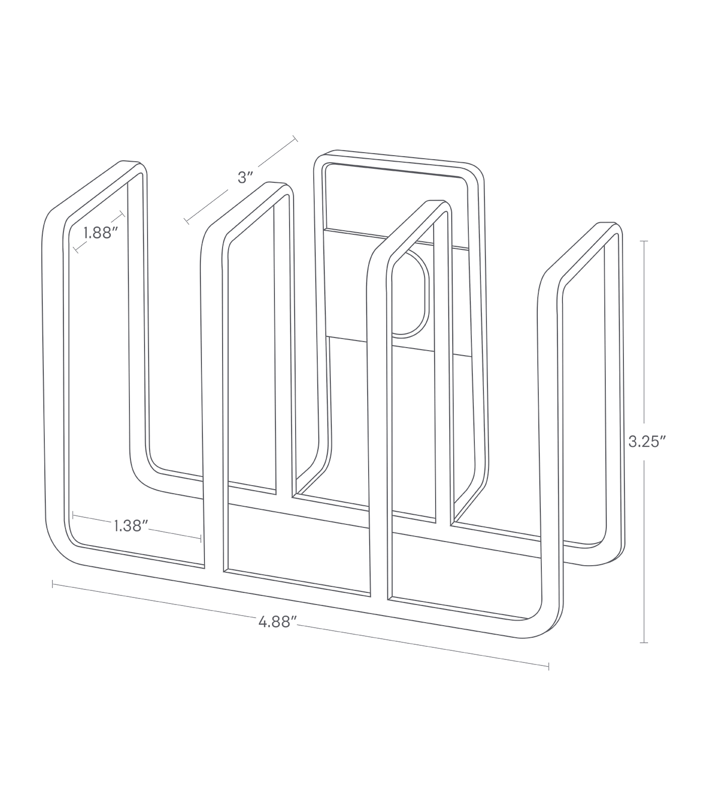 Dimension image of Sponge Holder with a width of 4.88 inches, height of 3.25 inches, and depth of 3 inches. Each sponge slot is 1.38 inches and 1.88 inches deep.